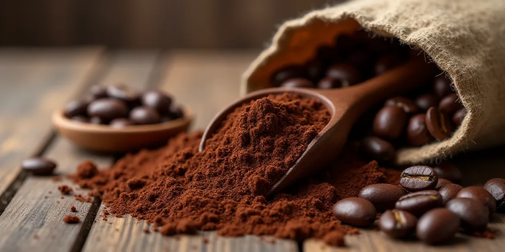a scoop of cocoa next to a bag of cocoa beans and a scoop of cocoa beans on a wooden table, Boetius