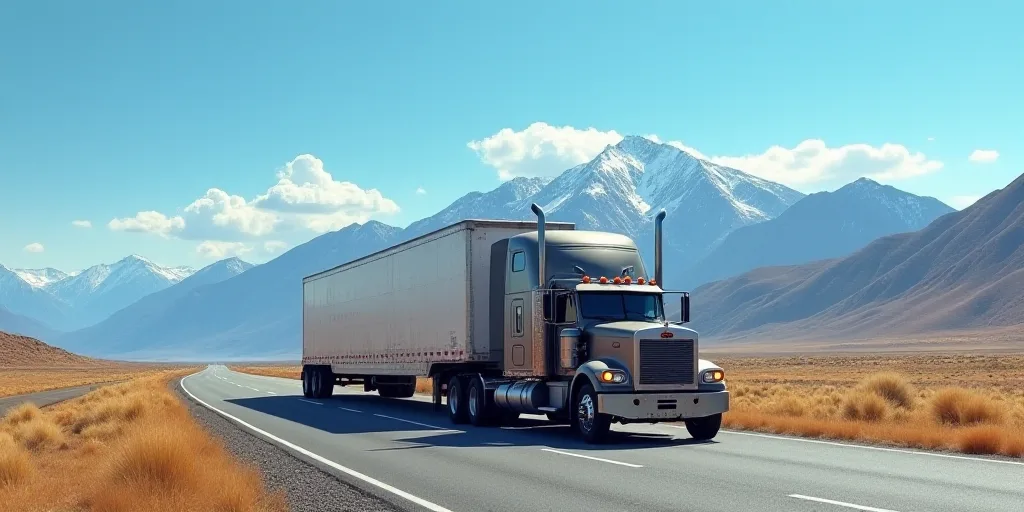 a semi truck is parked next to a trailer truck on a road in front of a mountain range with a blue sk