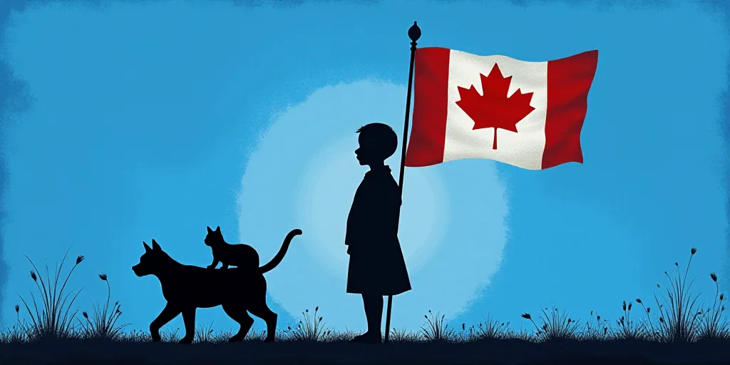 a shadow of a person standing in front of a flag with a cat on it's back and a person standing in fr