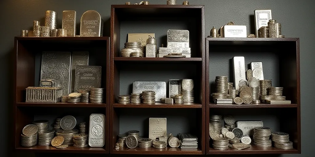 a shelf filled with lots of silver bars and coins on top of it's sides and a coin holder, Enguerrand