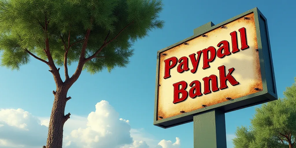 a sign for a paypall bank with a tree in the background and a sky background with a few clouds, Evel