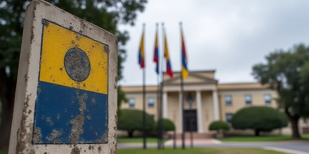 a sign in front of a building with flags flying in the background of it and a building with a flag i
