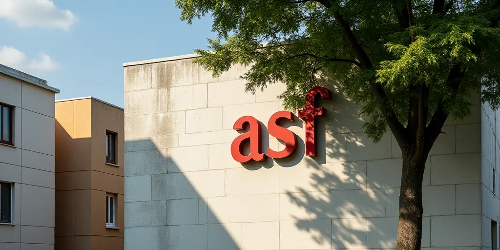 a sign on a building that says asf, with a tree in the foreground and a building in the background,
