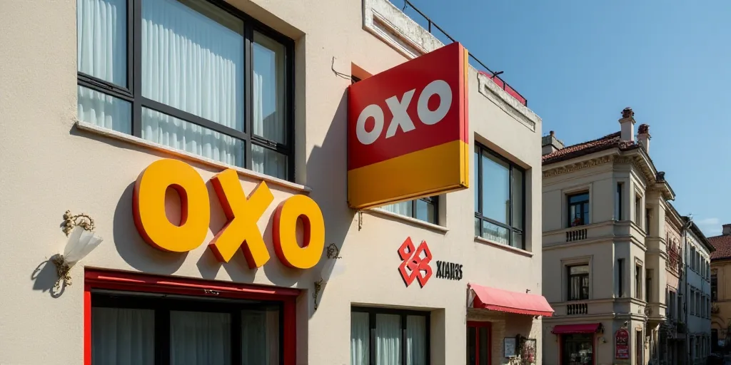 a sign on a building that says oxo on it's side and a red and yellow sign above it, Aquirax Uno, log