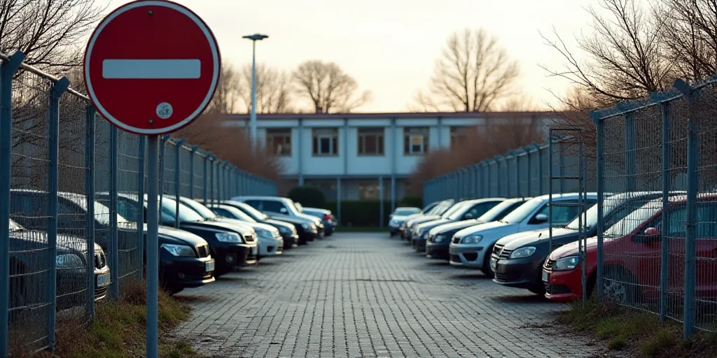 a sign that is in front of a fence and a building with a lot of cars parked in it, Enguerrand Quarto
