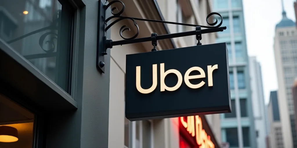 a sign that reads uber hanging from a building's side wall in front of a building with a clock, Cui