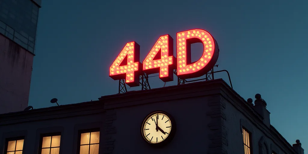 a sign that says 4 4 d above a building with lights on it and a clock on the wall, Epsylon Point, 4k