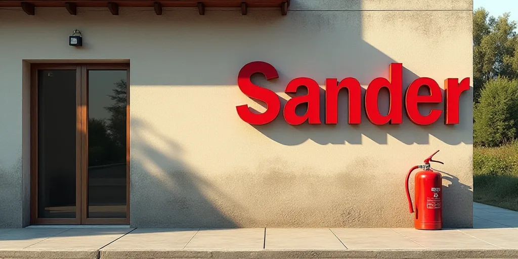 a sign that says sander on the side of a building with a red fire extinguisher, Carlos Saenz de Teja