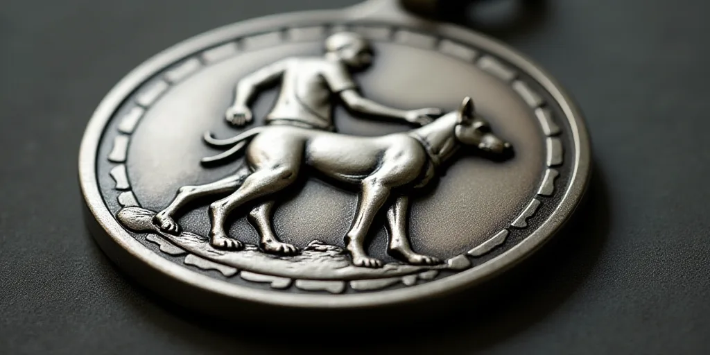 a silver medal with a picture of a man and a dog on it, and a medal with a picture of a man and a do