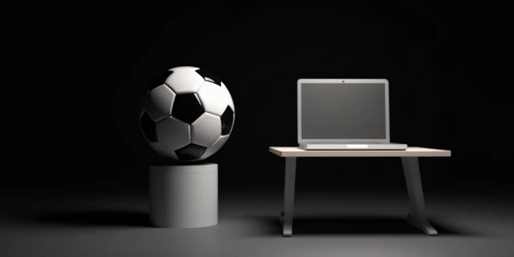 a soccer ball sitting on top of a white stand next to a laptop computer on a table in front of a bla