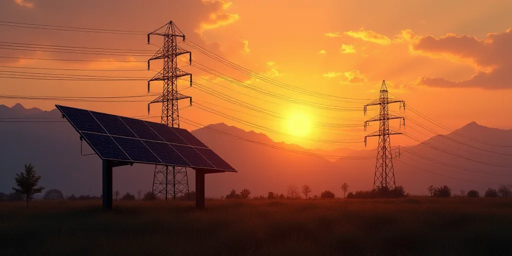 a solar panel and power lines at sunset with the sun setting behind it and mountains in the backgrou