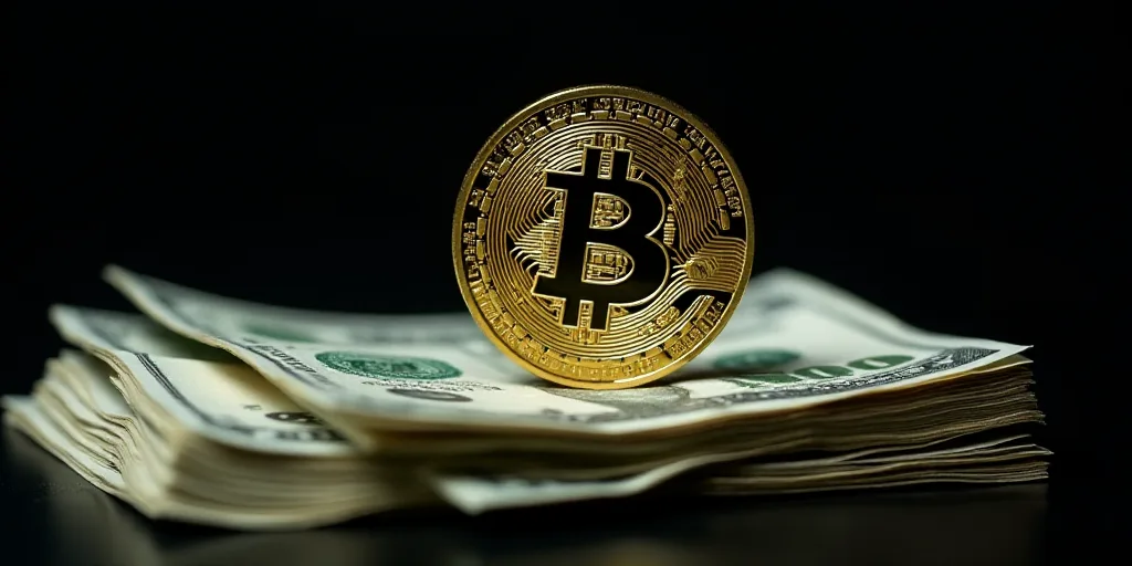 a stack of money with a bitcoin on top of it and a stack of dollars in the background, Charles Fremo