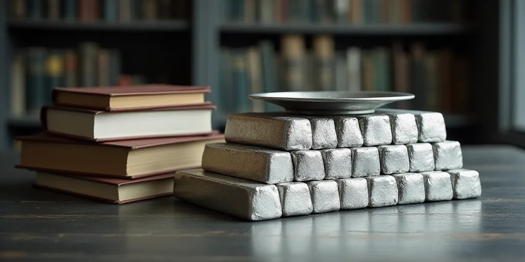 a stack of silver bars next to a stack of books on a table top with a silver plate on top, Enguerran