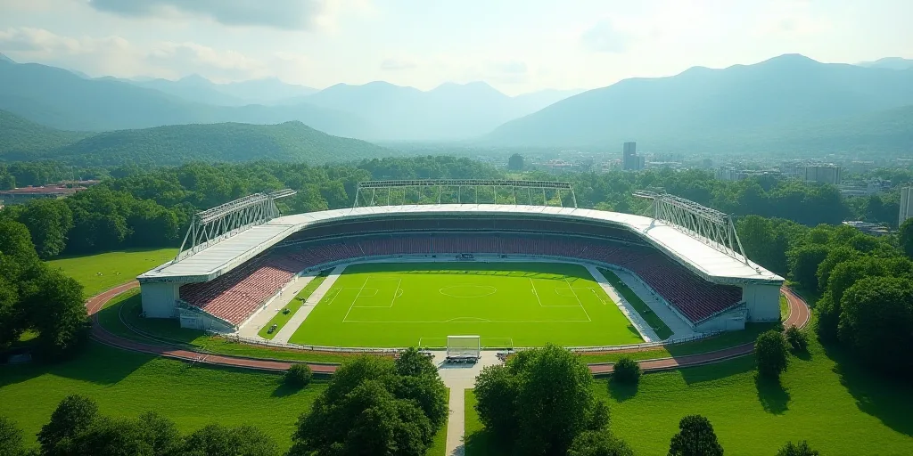 a stadium with a large field and a field of grass and mountains in the background and a field of gra