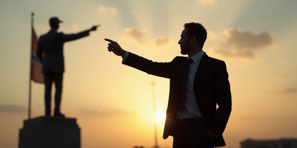 a statue of a man pointing at a flag in the background of a silhouette of a man in a suit, Don Arday