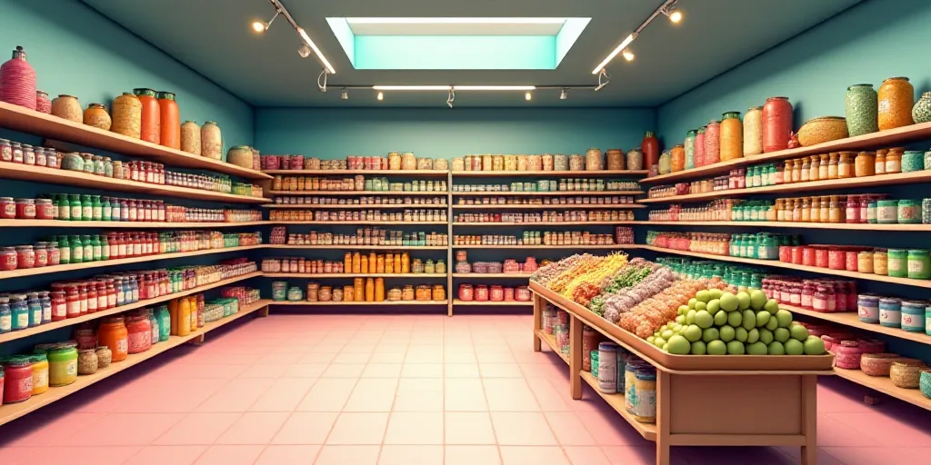 a store filled with lots of food and drinks on shelves and shelves filled with food and drinks on sh
