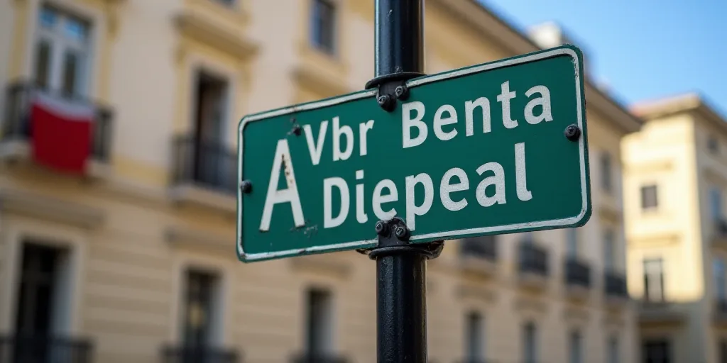 a street sign on a pole with a building in the background and a flag hanging on the wall street sign