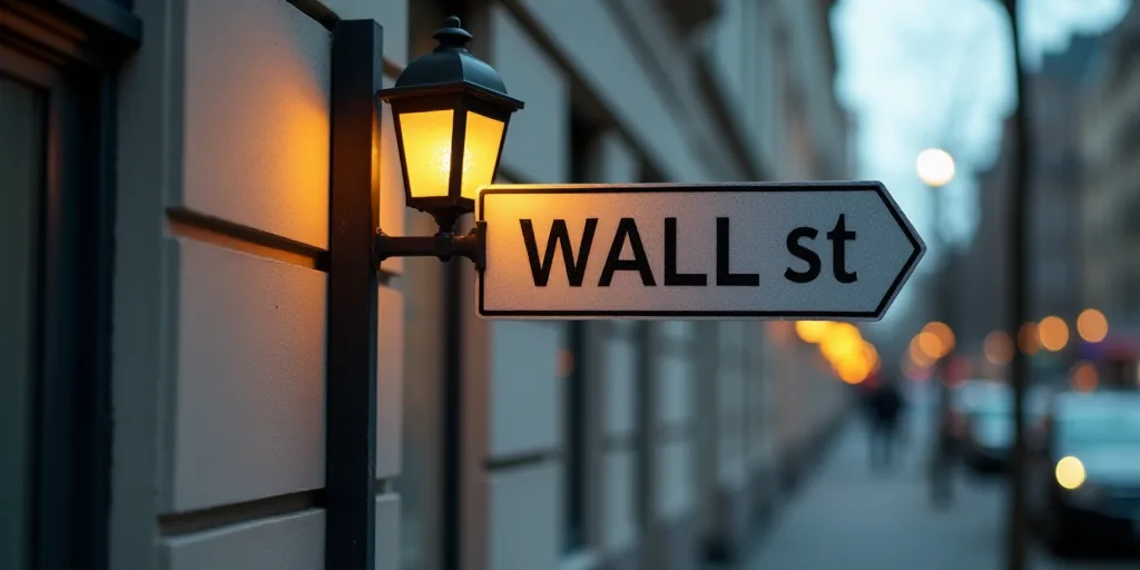 a street sign on a pole with a light on it's side next to a building with a wall street sign, Andrie