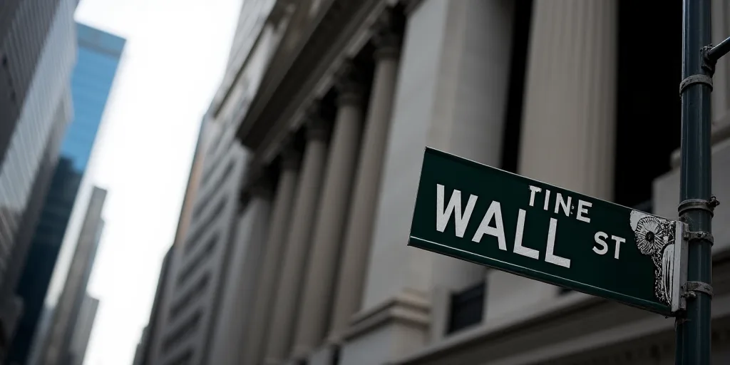 a street sign that is on the side of a building that says wall street and new york stock exchange, A