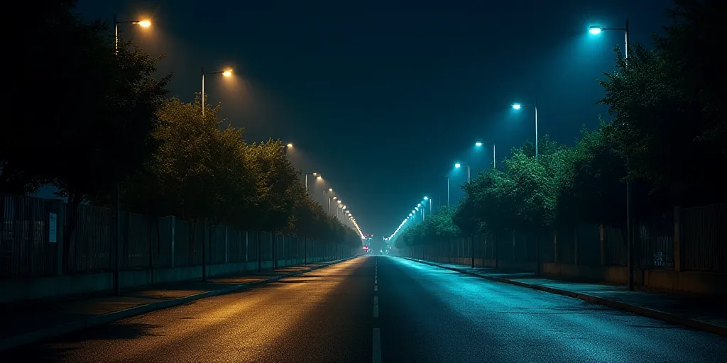 a street with a row of lights on both sides of it at night time with no cars on the road, Almada Neg