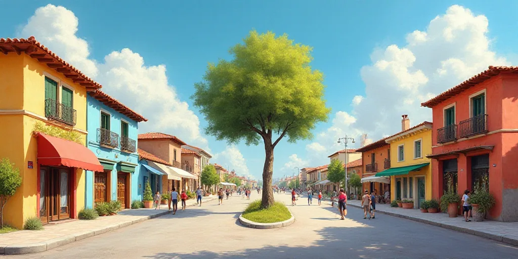 a street with people walking and a tree in the middle of it with a sky background and clouds in the