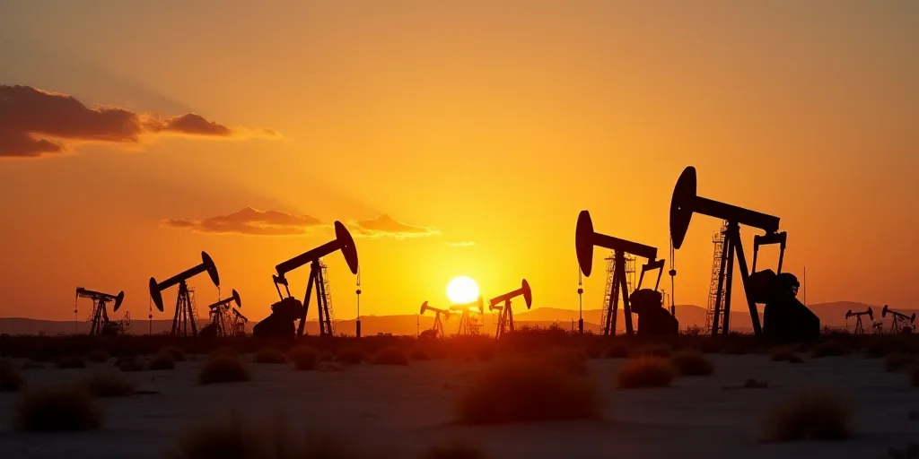 a sunset view of oil pumps in the desert with the sun setting in the background and a few clouds, An