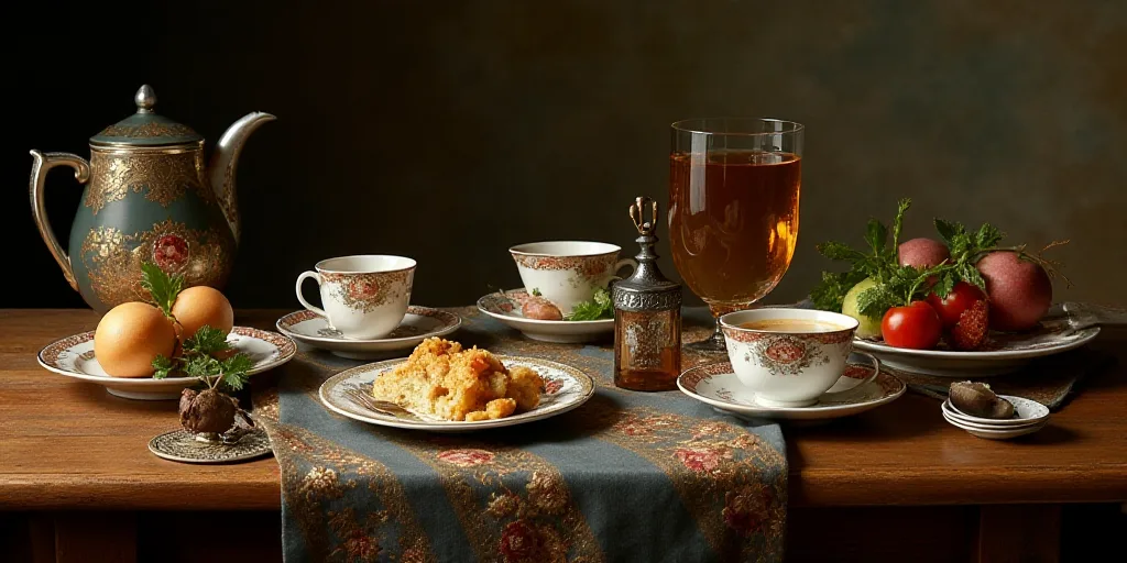 a table topped with plates and cups filled with food and drinks on top of a wooden table top next to