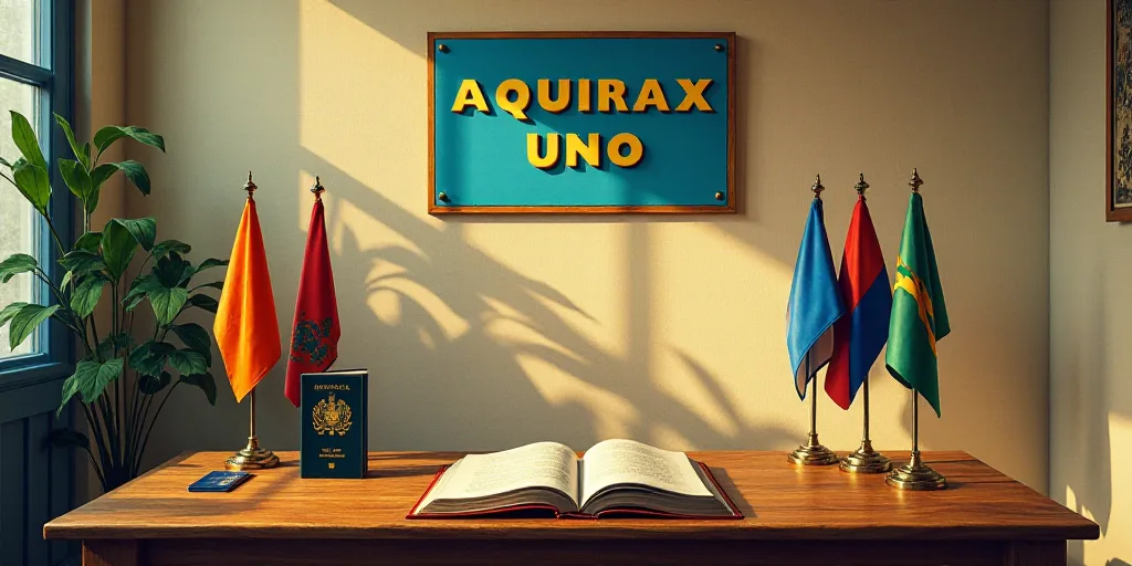 a table with a book, passport, and flags on it and a wall with a sign that says usmca, Aquirax Uno,