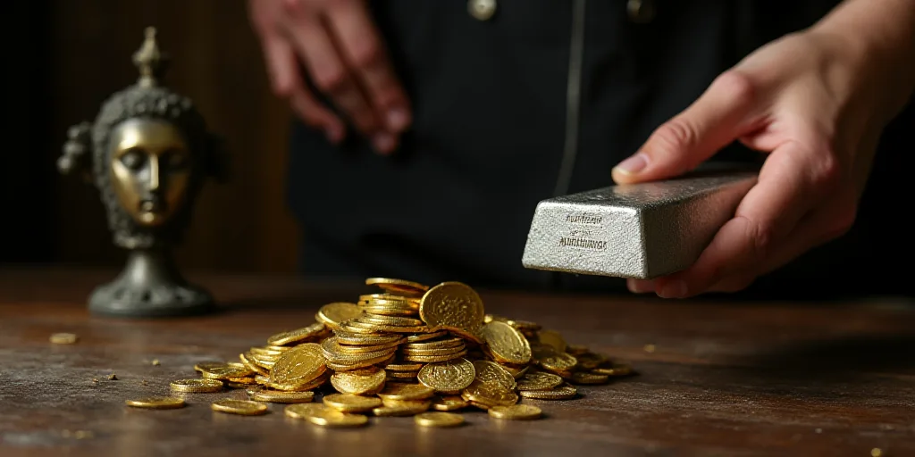 a table with gold bars and some coins on it and a person holding a silver bar in the background, Cop
