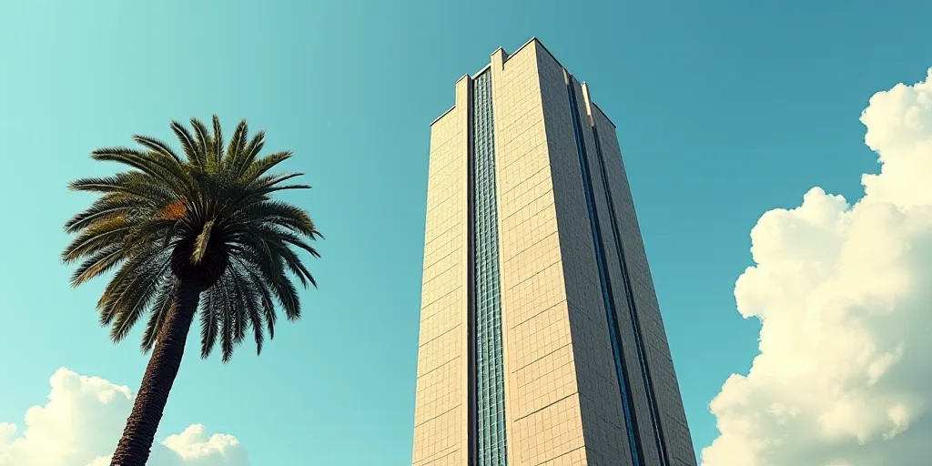 a tall building with a sky scraper in the middle of it's side and a palm tree in front of it, Dong K