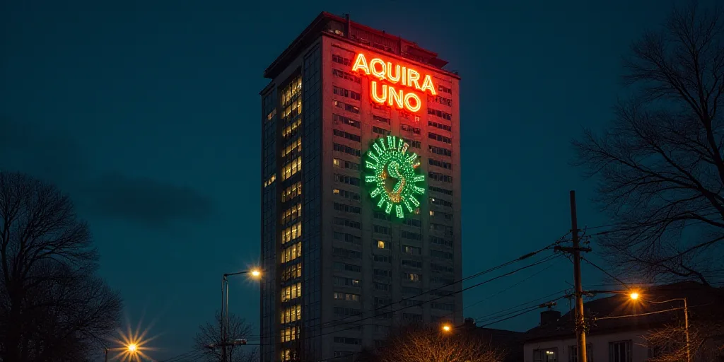 a tall building with a very large sign on it's side at night time with lights on it, Aquirax Uno, de