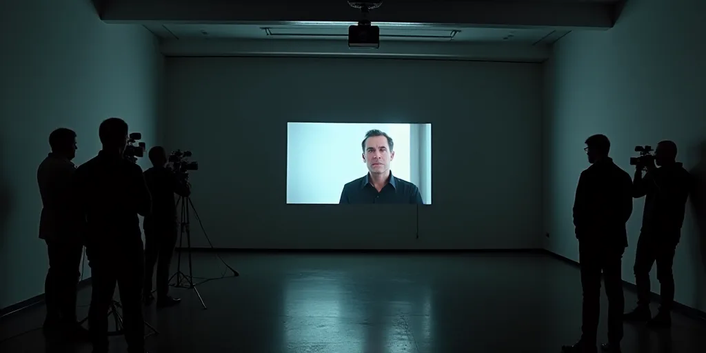 a television screen with a man on it in a room with other people and cameras around it, and a televi