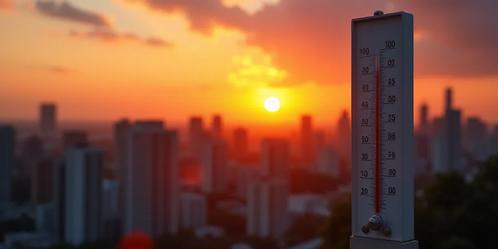 a thermometer with a city in the background at sunset or sunrise time, with the sun setting, Andries