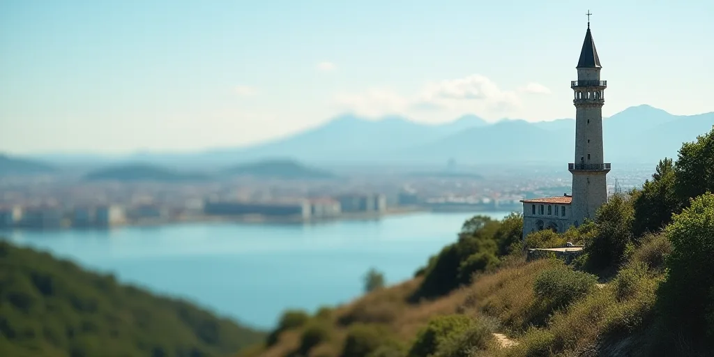 a tower that is next to a body of water with a city in the background and mountains in the distance,