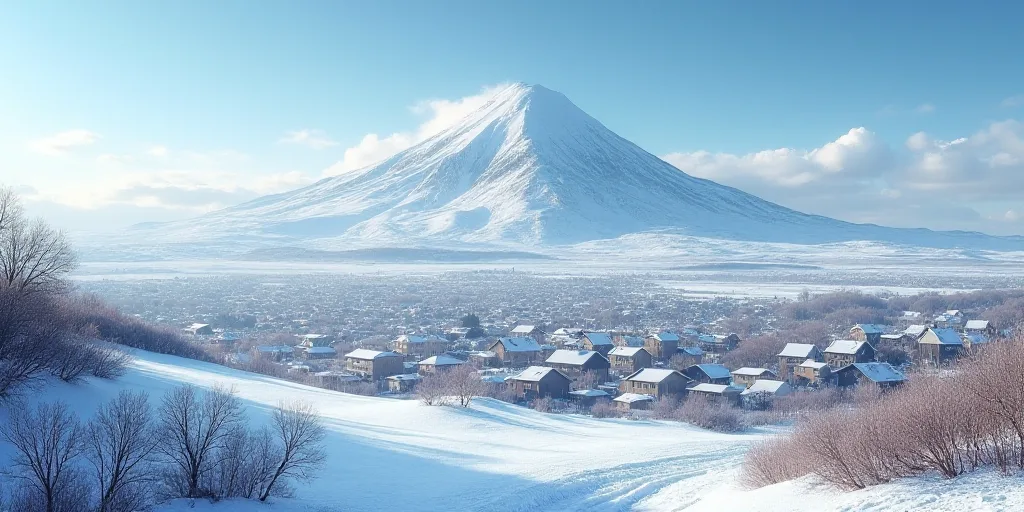 a town with a mountain in the background and snow on the ground and a sky line in the foreground, Ba