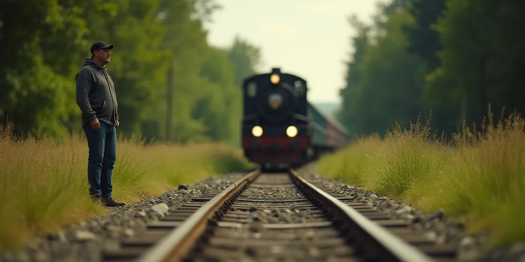 a train is going down the tracks in the woods and grass, with a man standing on the side of the trac