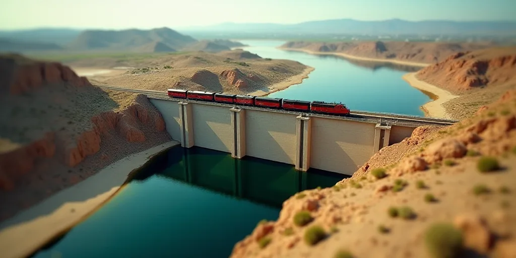 a train is going over a dam wall in the desert, with a lake below it and a city in the distance, Elb