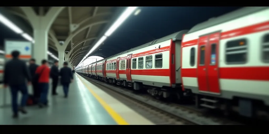 a train is pulling into a train station with people waiting on the platform to board it and the trai