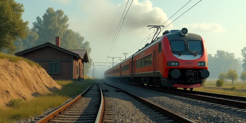 a train is traveling down the tracks near a building and a hill of dirt and grass on the side of the