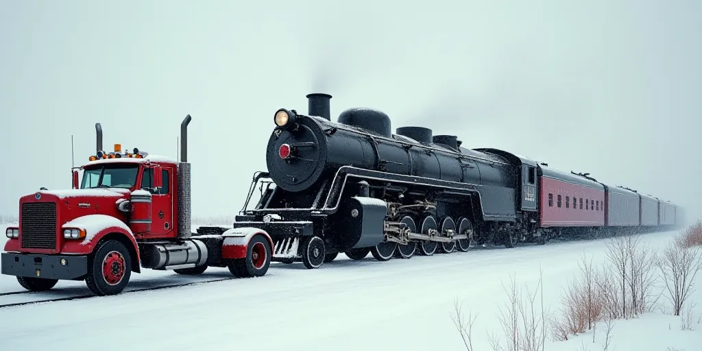 a train that has been knocked over on its side in the snow and is being towed by a truck, Elbridge A