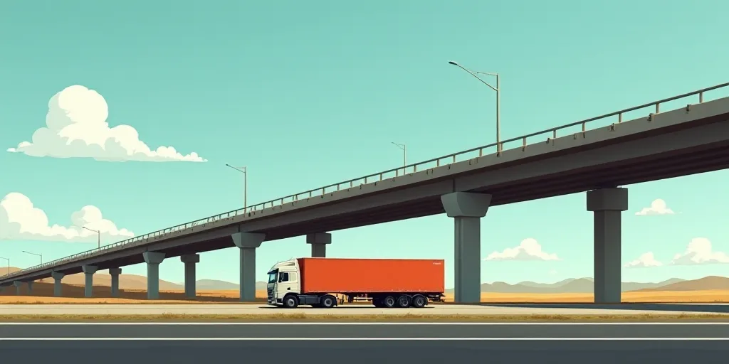 a truck driving down a road under a bridge overpass with a sky background and a few clouds in the sk