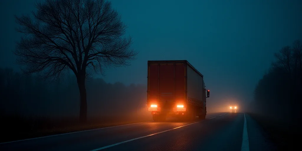 a truck is driving down a road at night with a bright light on it's back end and a tree in the foreg