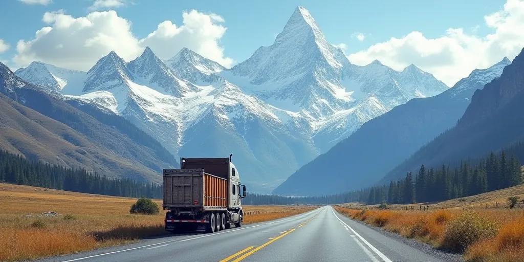 a truck is parked on a road in front of a mountain range with snow capped mountains in the distance,