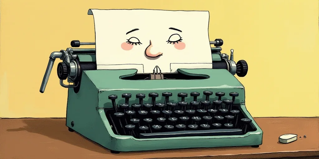a typewriter with a face drawn on it and a caption for the words opinion and a question, Edward Otho
