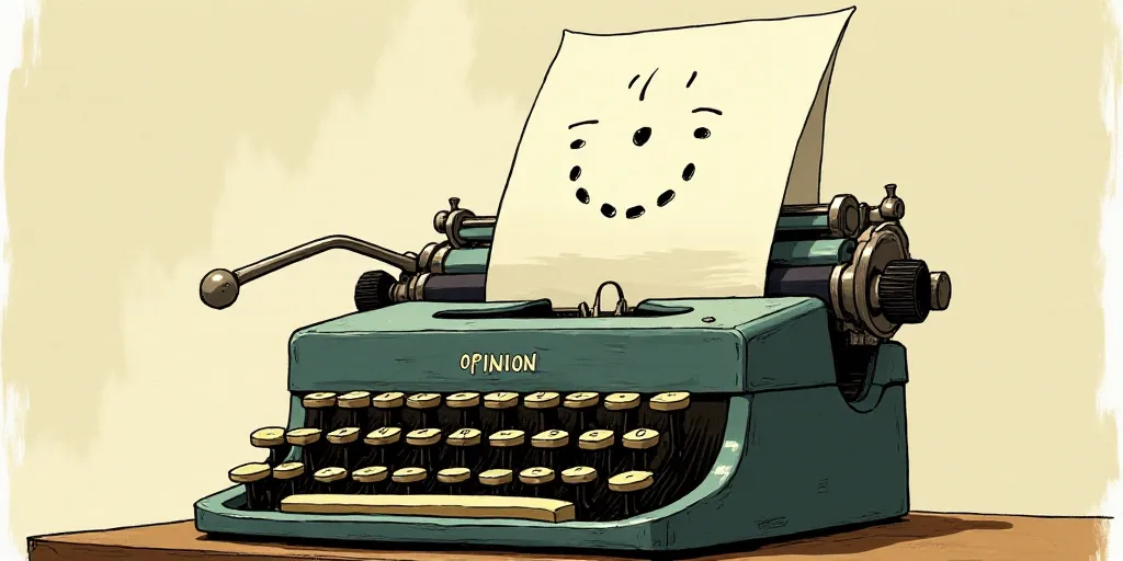 a typewriter with a face drawn on it and a caption for the words opinion and a question, Edward Otho