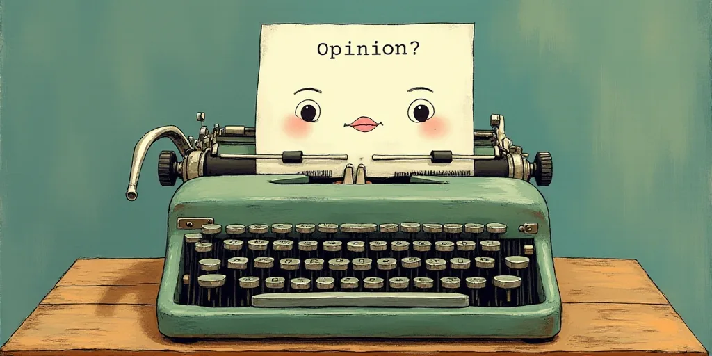 a typewriter with a face drawn on it and a caption for the words opinion and a question, Edward Otho