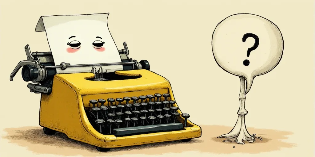 a typewriter with a face drawn on it and a caption for the words opinion and a question, Edward Otho