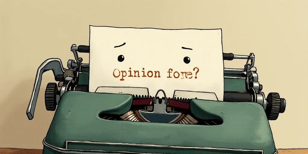 a typewriter with a face drawn on it and a caption for the words opinion and a question, Edward Otho