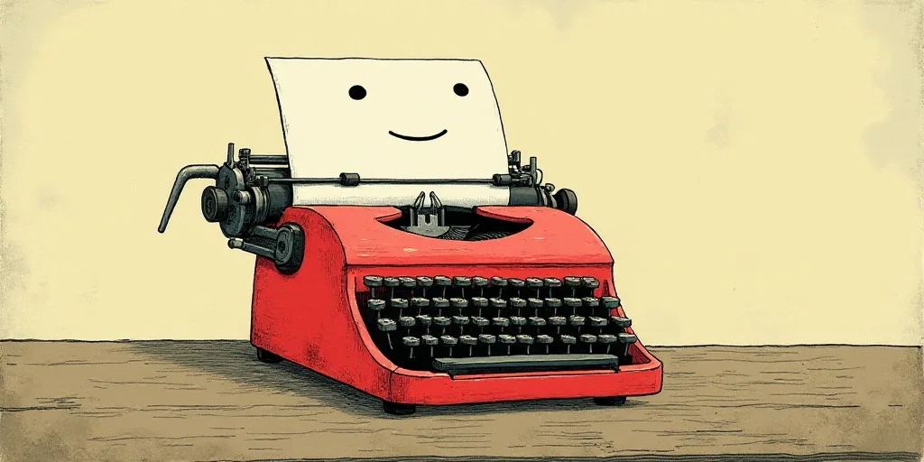 a typewriter with a face drawn on it and a caption for the words opinion and a question, Edward Otho