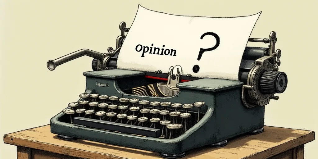 a typewriter with a face drawn on it and a caption for the words opinion and a question, Edward Otho